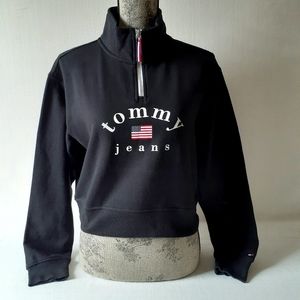 Tommy jeans women's black 1/4 zip cowl neck fleece sweatshirt size S